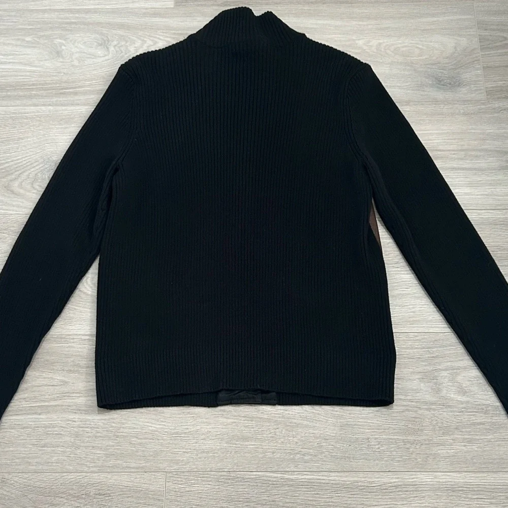 Lauren Ralph Lauren Brown Faux Leather Dark Navy (Black) Knit Cardigan - Picture 3 of 12